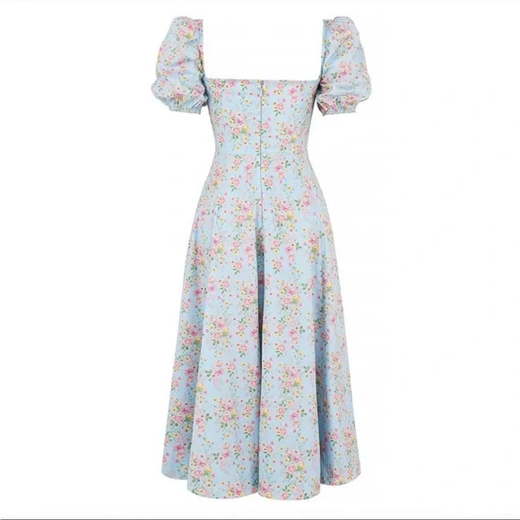 House of CB Tallulah Blue Vintage Floral Puff Sleeve Midi Dress - Picture 7 of 13